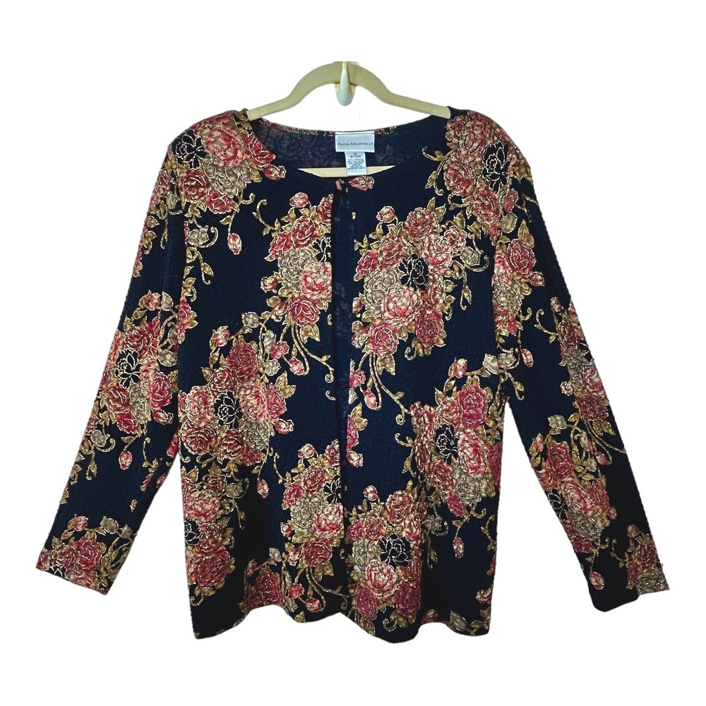 VTG Anna Maxwell Women's PLUS Top Blouse 1X Black Floral Embellish Sparkle USA